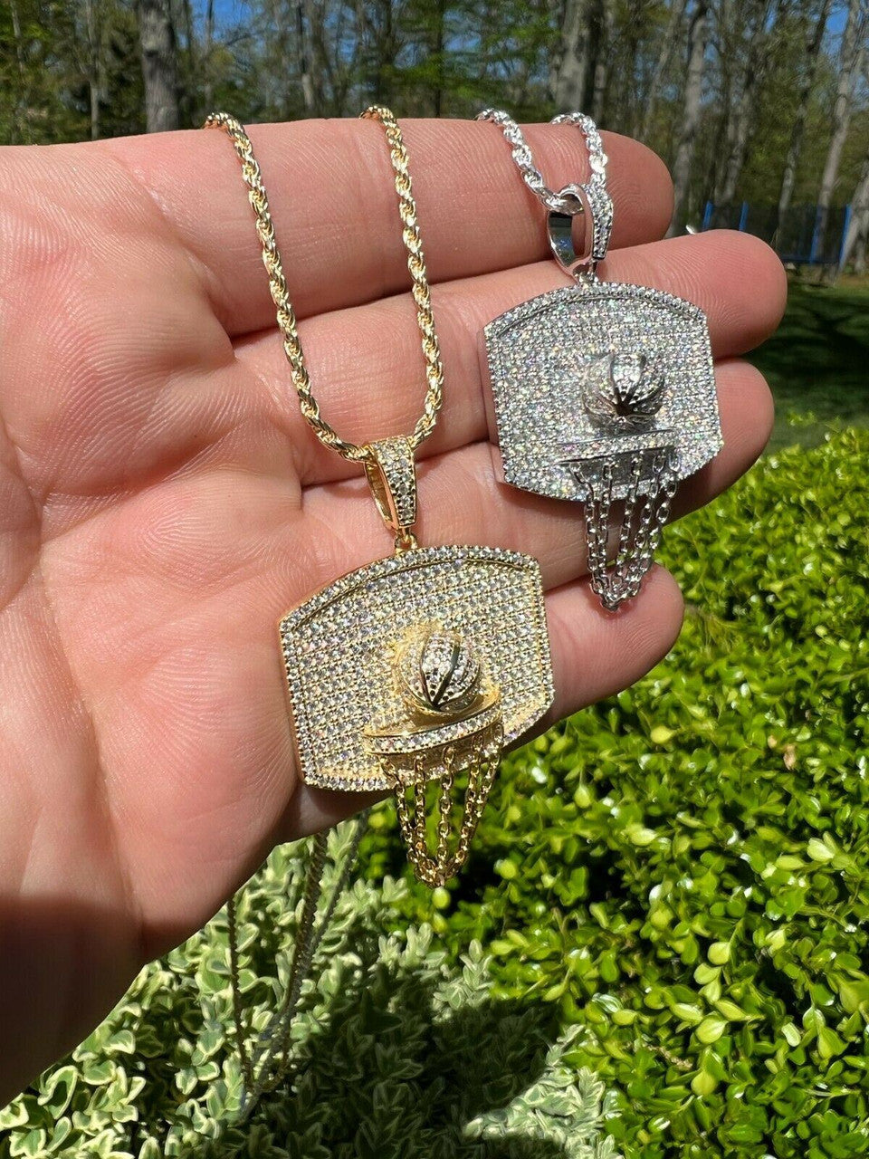 Silver Mens MOISSANITE Real Iced Basketball Hoop Pendant Necklace Passes Diamond Tester