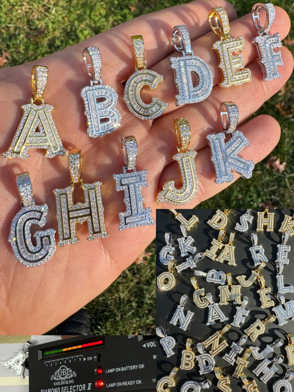 Silver Moissanite Gothic Small Initial Letter 925 Silver / Gold Pendant Iced Out Necklace