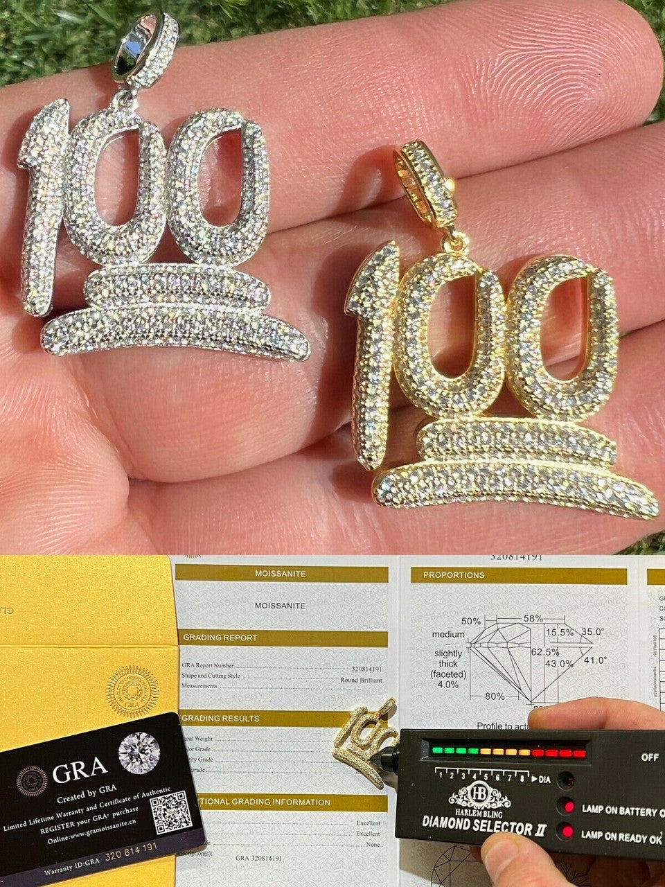 Silver MOISSANITE Keep It 100 Hundred Iced Hip Hop Pendant Necklace Pass Diamond Tester