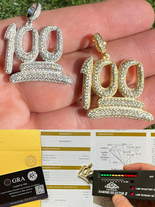 Silver MOISSANITE Keep It 100 Hundred Iced Hip Hop Pendant Necklace Pass Diamond Tester