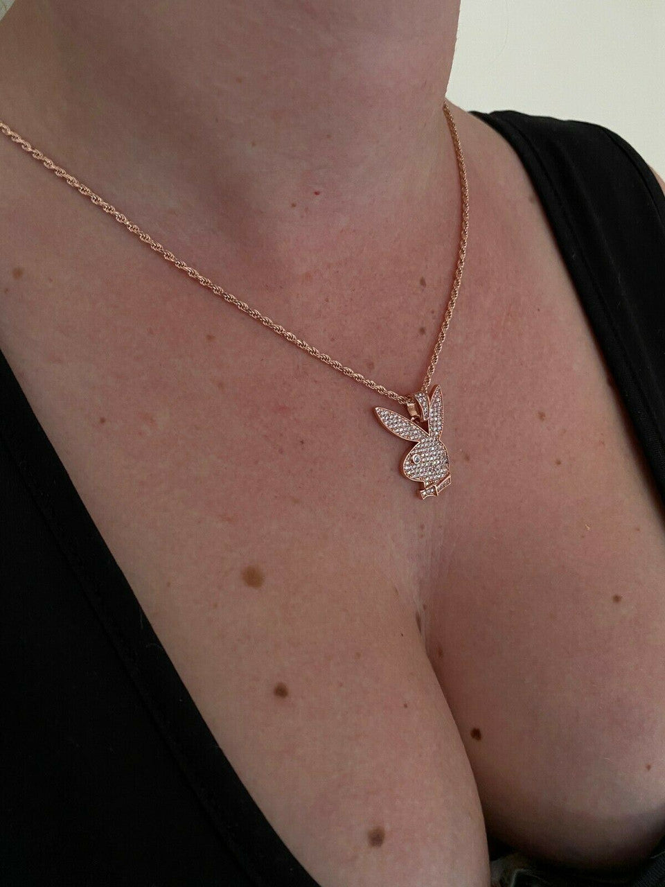 Silver MOISSANITE Playboy Bunny Pendant Iced Real Solid 925 Silver Gold Rose Necklace