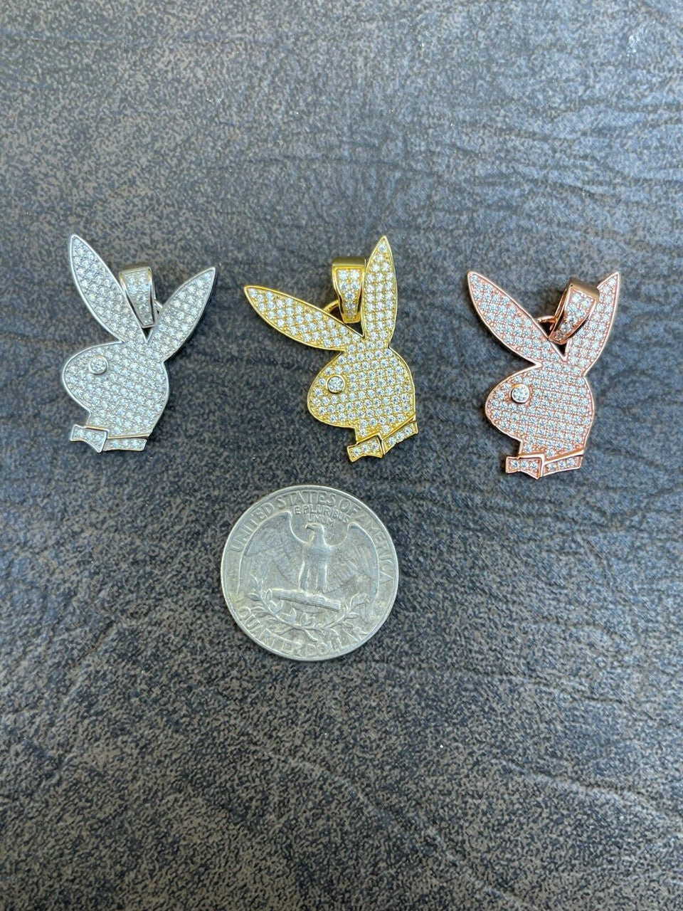 Silver MOISSANITE Playboy Bunny Pendant Iced Real Solid 925 Silver Gold Rose Necklace