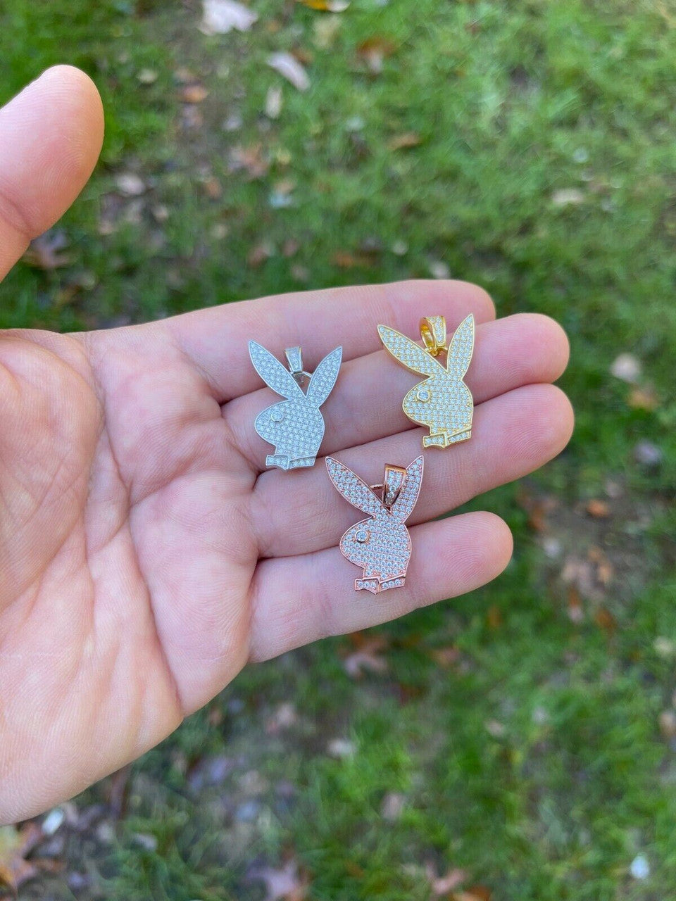 Silver MOISSANITE Playboy Bunny Pendant Iced Real Solid 925 Silver Gold Rose Necklace