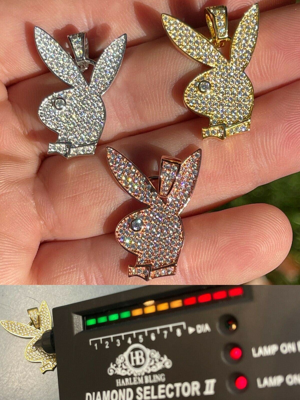 Silver MOISSANITE Playboy Bunny Pendant Iced Real Solid 925 Silver Gold Rose Necklace