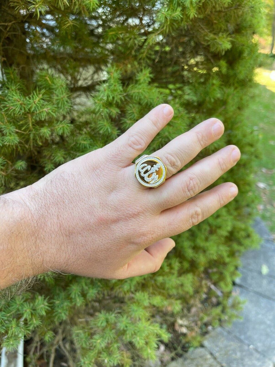Silver Real 14K Gold Vermeil 925 Silver Allah Islamic Arabic Ring Iced Diamond Hip Hop