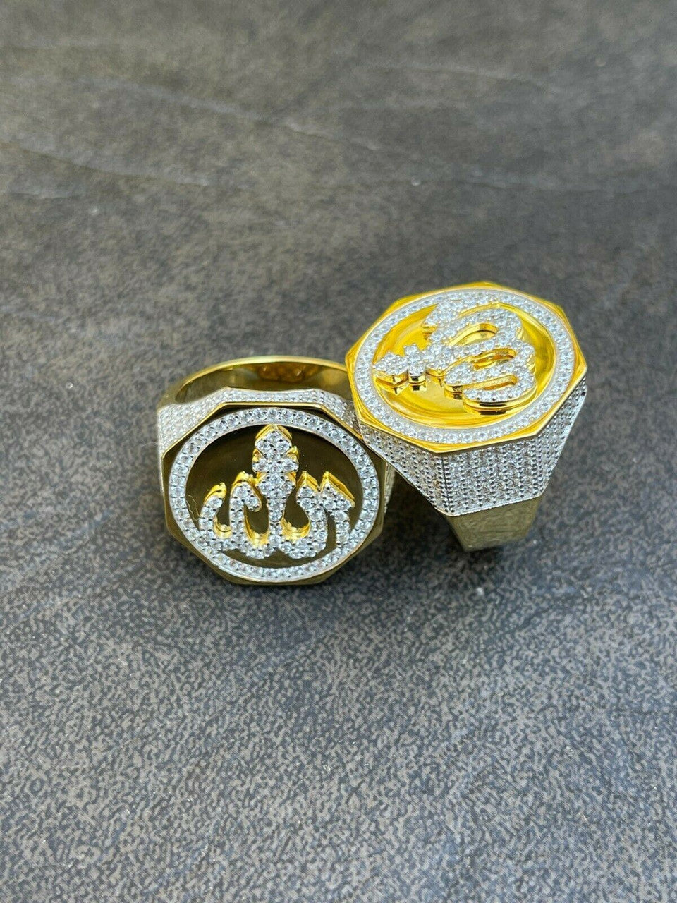 Silver Real 14K Gold Vermeil 925 Silver Allah Islamic Arabic Ring Iced Diamond Hip Hop