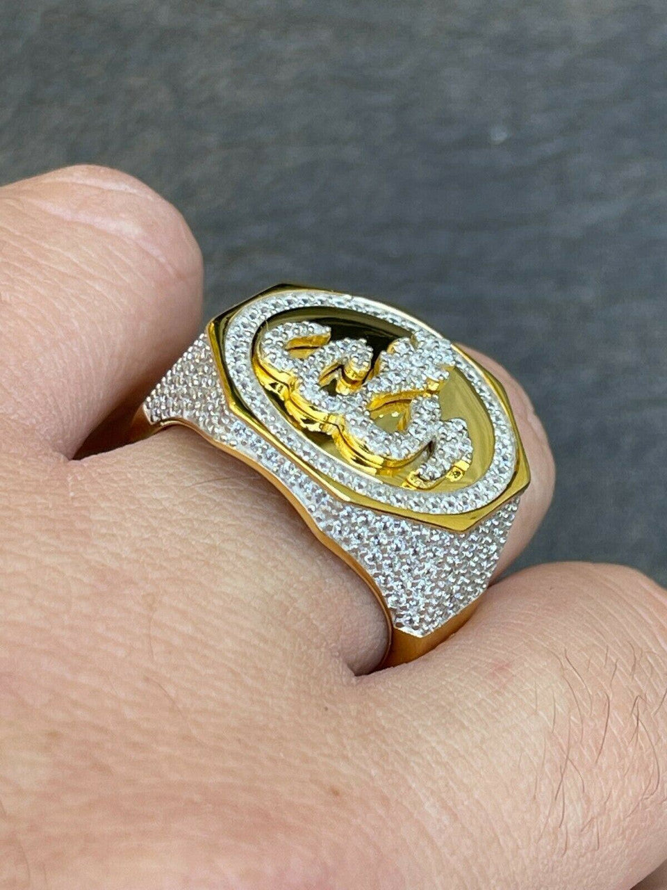 Silver Real 14K Gold Vermeil 925 Silver Allah Islamic Arabic Ring Iced Diamond Hip Hop
