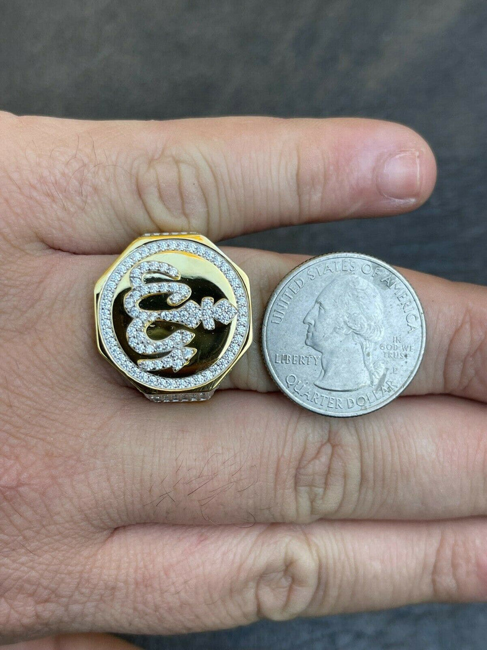Silver Real 14K Gold Vermeil 925 Silver Allah Islamic Arabic Ring Iced Diamond Hip Hop