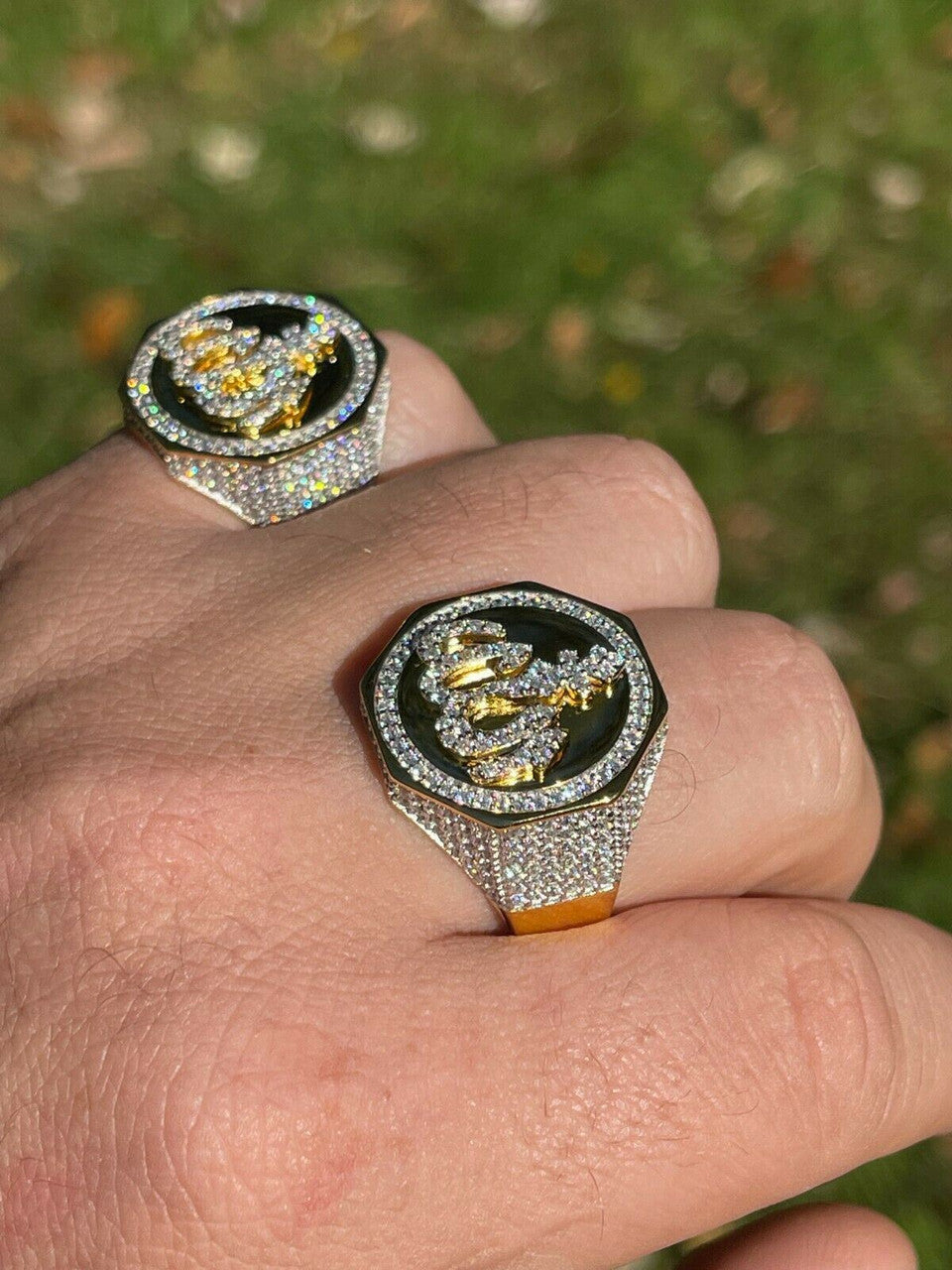 Silver Real 14K Gold Vermeil 925 Silver Allah Islamic Arabic Ring Iced Diamond Hip Hop