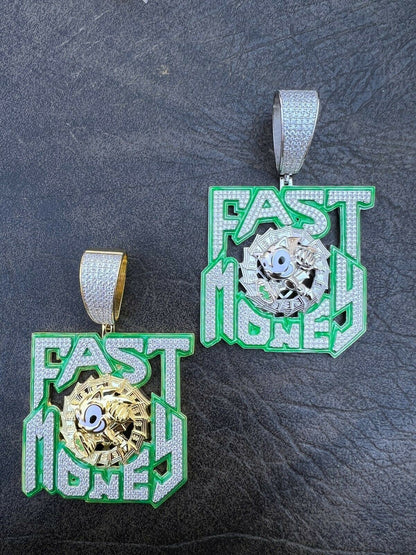 Silver Real 925 Silver Gold Glows In Dark FAST MONEY Sonic Big Hip Hop Pendant Necklace