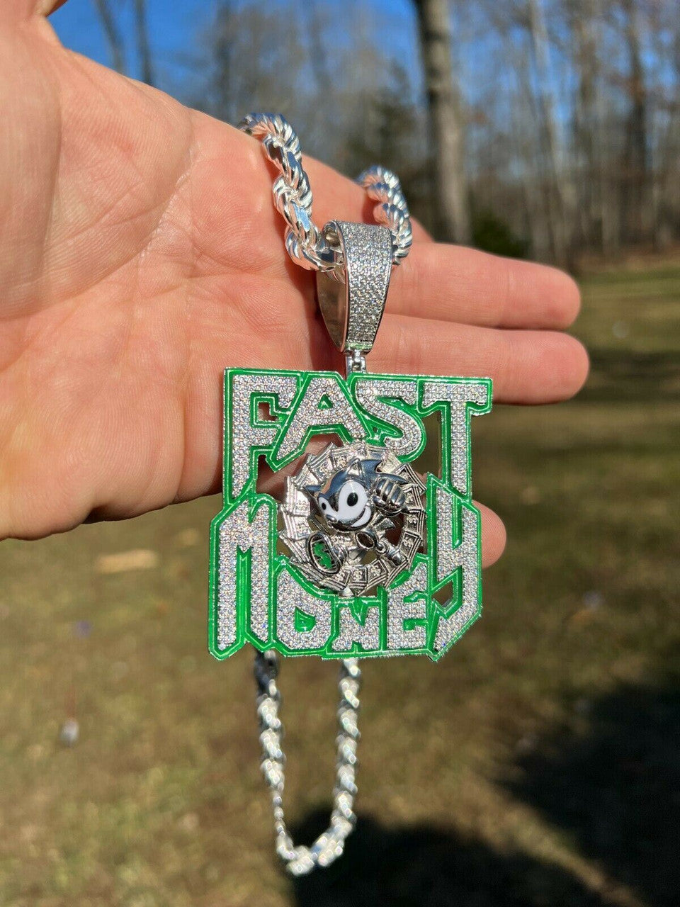 Silver Real 925 Silver Gold Glows In Dark FAST MONEY Sonic Big Hip Hop Pendant Necklace