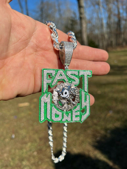 Silver Real 925 Silver Gold Glows In Dark FAST MONEY Sonic Big Hip Hop Pendant Necklace