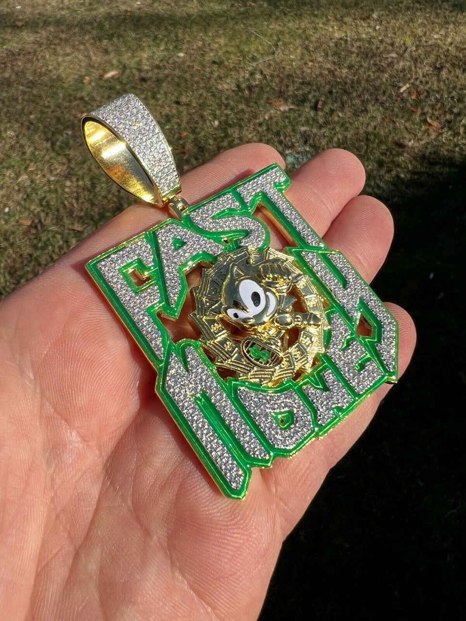 Silver Real 925 Silver Gold Glows In Dark FAST MONEY Sonic Big Hip Hop Pendant Necklace