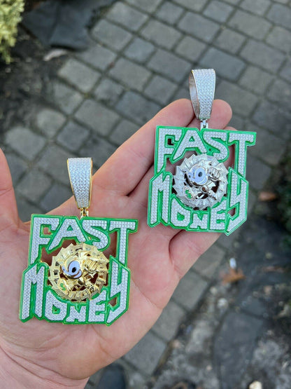 Silver Real 925 Silver Gold Glows In Dark FAST MONEY Sonic Big Hip Hop Pendant Necklace