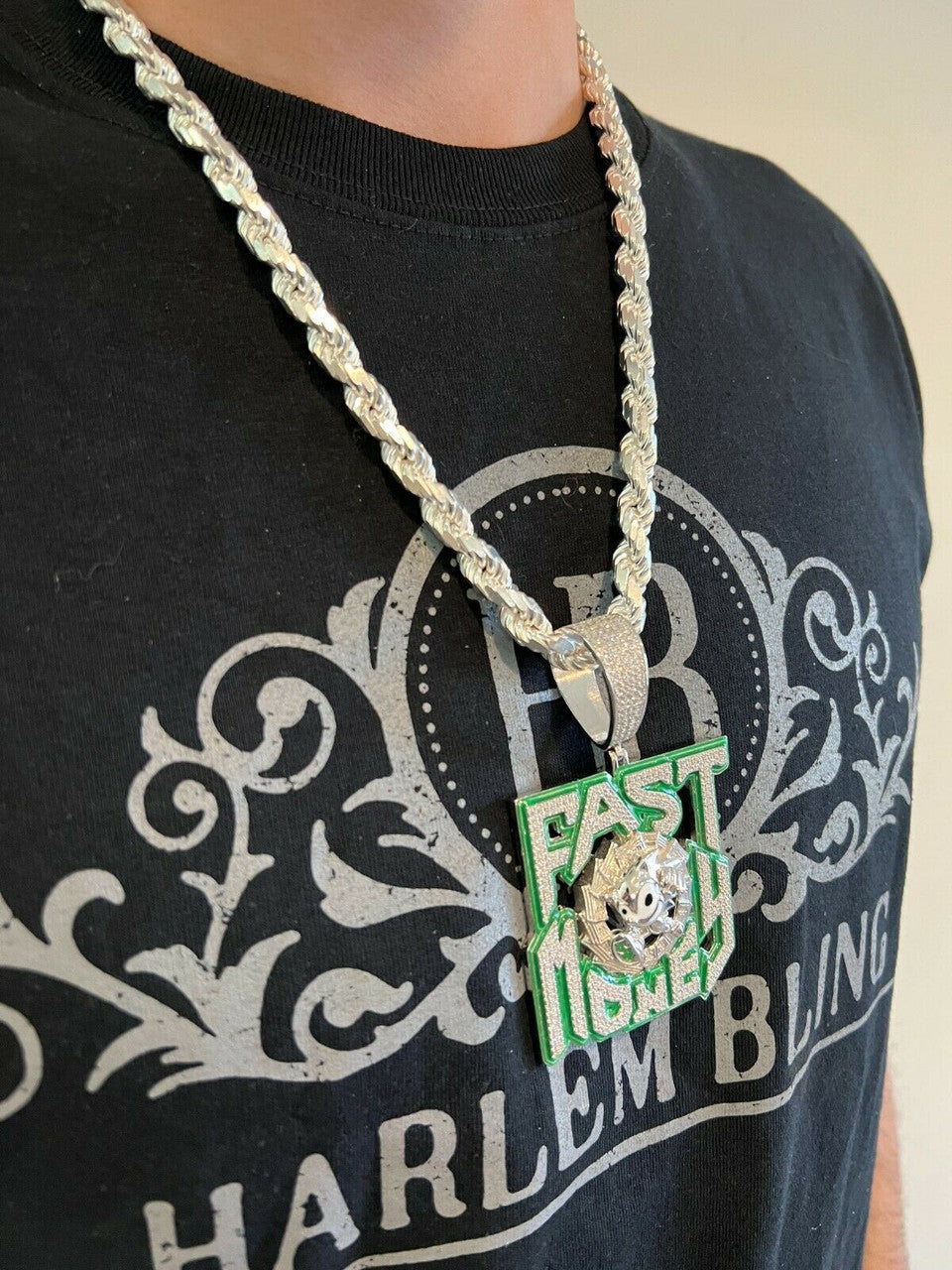 Silver Real 925 Silver Gold Glows In Dark FAST MONEY Sonic Big Hip Hop Pendant Necklace