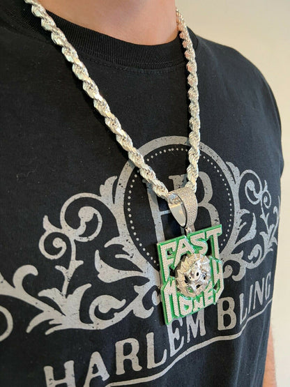 Silver Real 925 Silver Gold Glows In Dark FAST MONEY Sonic Big Hip Hop Pendant Necklace