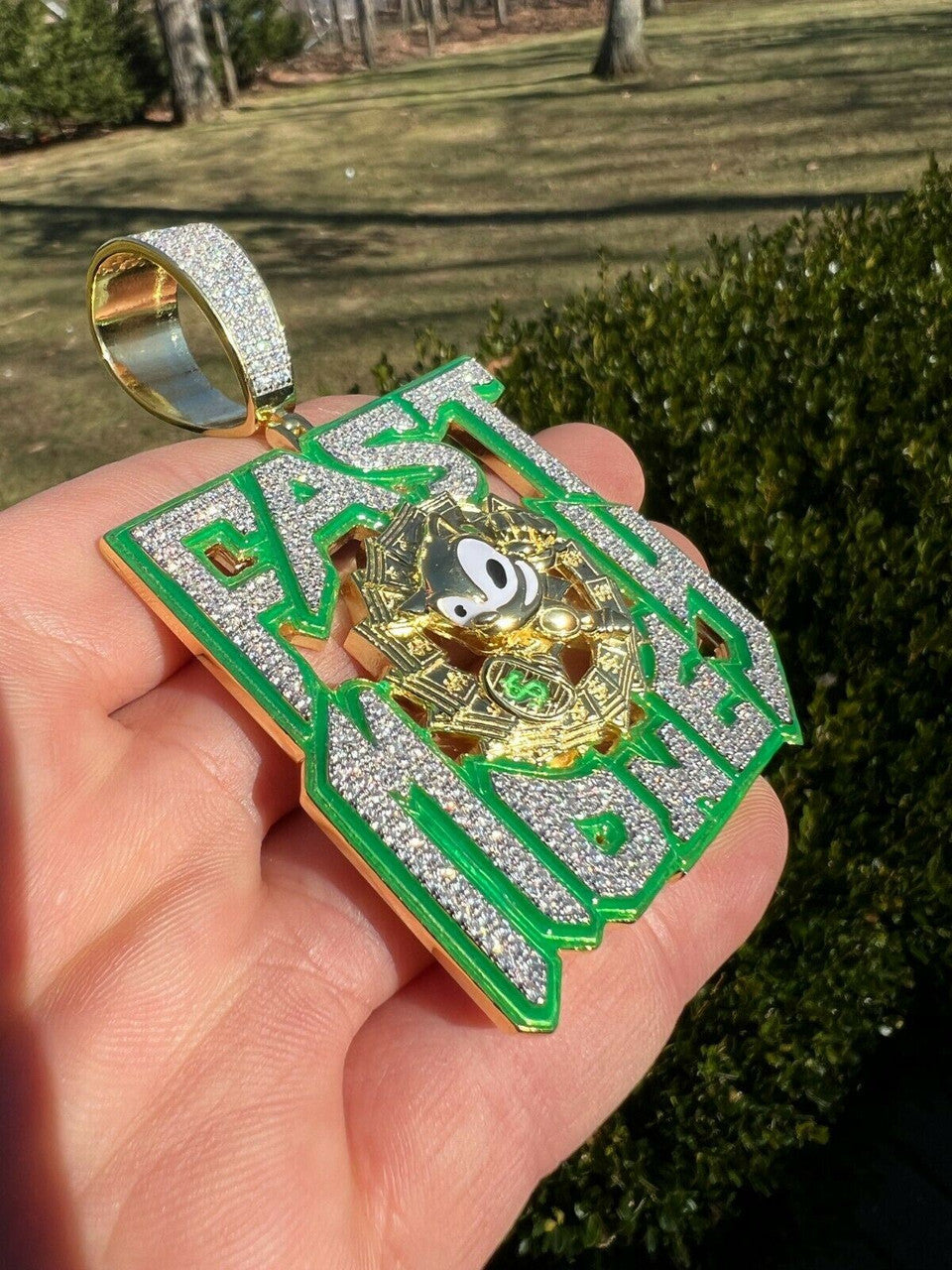 Silver Real 925 Silver Gold Glows In Dark FAST MONEY Sonic Big Hip Hop Pendant Necklace