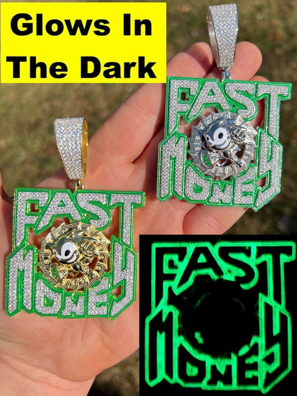 Silver Real 925 Silver Gold Glows In Dark FAST MONEY Sonic Big Hip Hop Pendant Necklace
