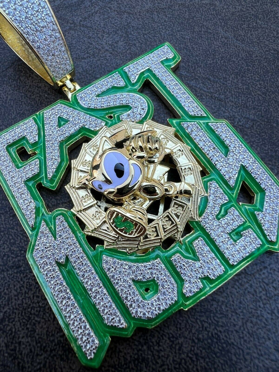 Silver Real 925 Silver Gold Glows In Dark FAST MONEY Sonic Big Hip Hop Pendant Necklace