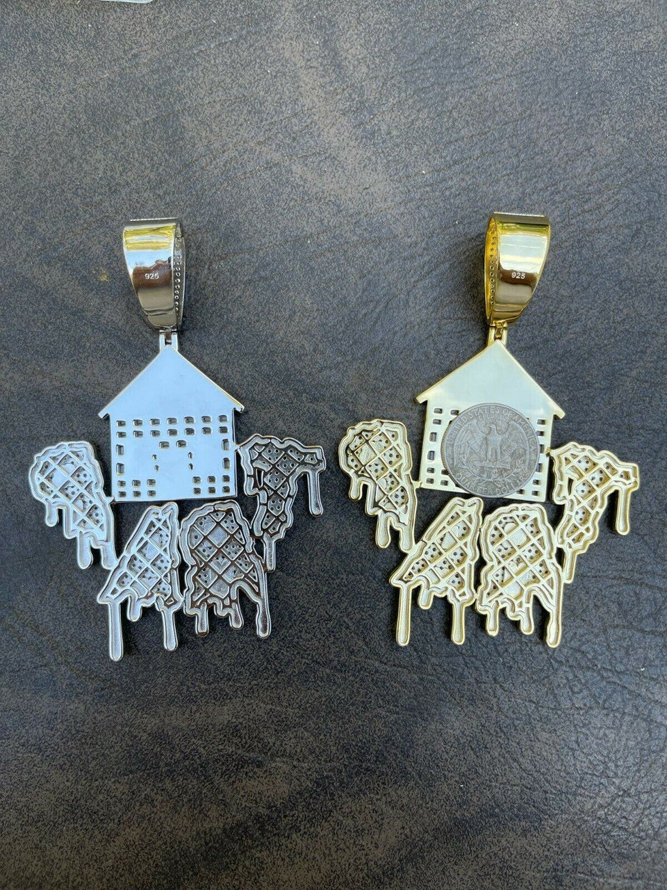 Silver Real 925 Silver Gold HUGE 3 Glows In Dark HOUSE TRAP Hip Hop Pendant Necklace