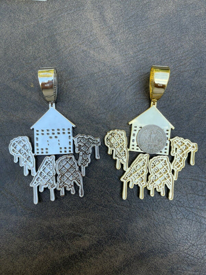 Silver Real 925 Silver Gold HUGE 3 Glows In Dark HOUSE TRAP Hip Hop Pendant Necklace