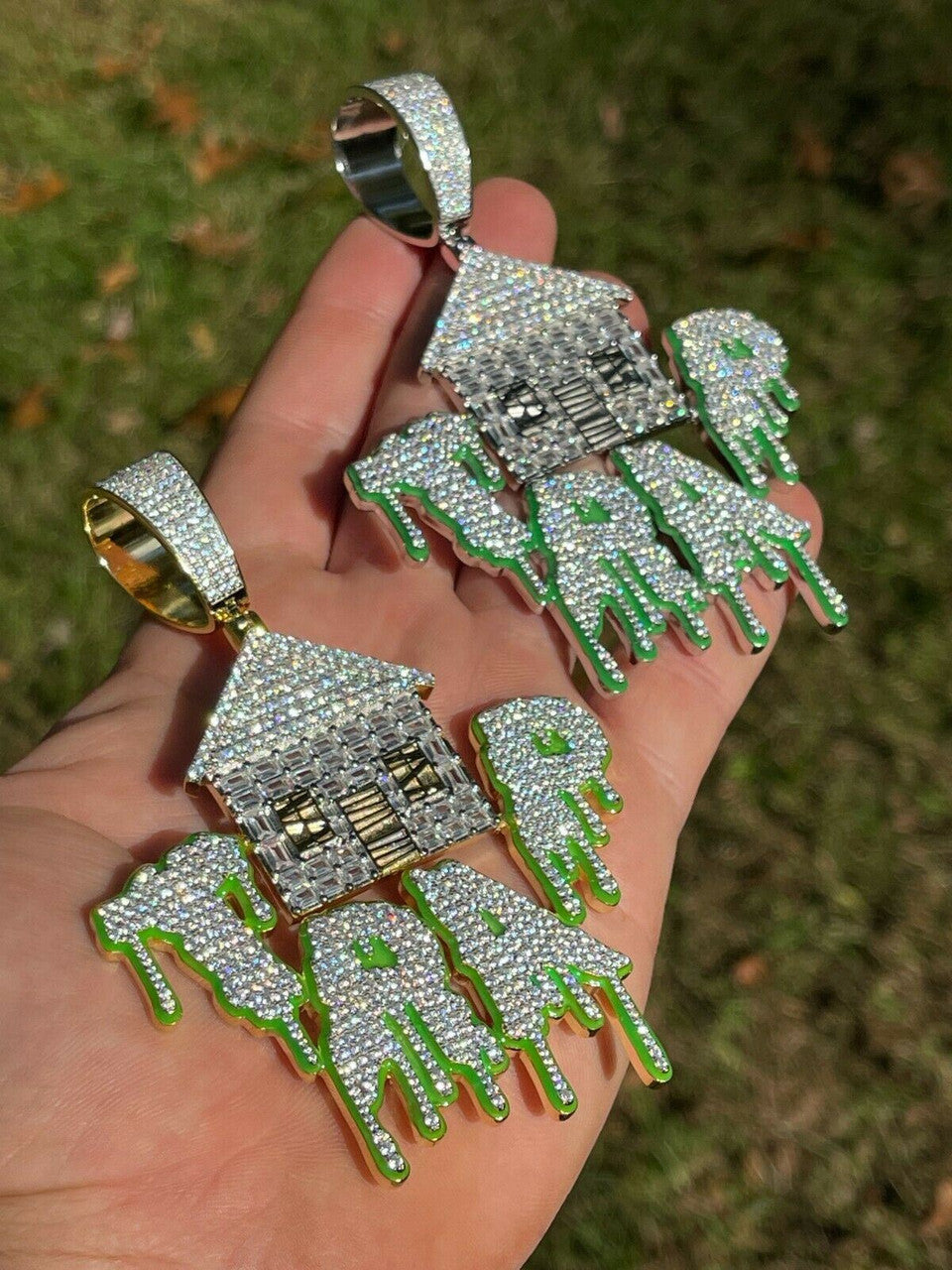 Silver Real 925 Silver Gold HUGE 3 Glows In Dark HOUSE TRAP Hip Hop Pendant Necklace