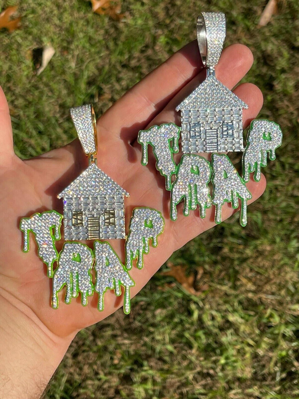 Silver Real 925 Silver Gold HUGE 3 Glows In Dark HOUSE TRAP Hip Hop Pendant Necklace