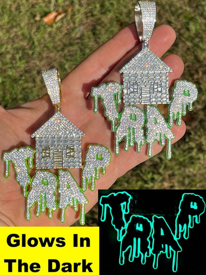 Silver Real 925 Silver Gold HUGE 3 Glows In Dark HOUSE TRAP Hip Hop Pendant Necklace