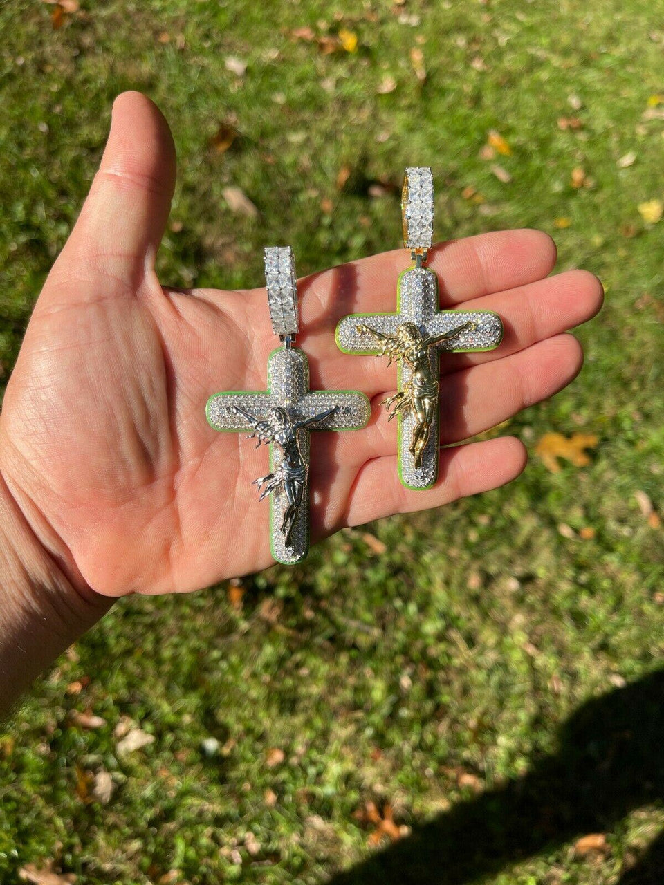 Silver Real 925 Silver Gold HUGE 3.5 Glow In Dark Cross W Jesus Iced Pendant Necklace