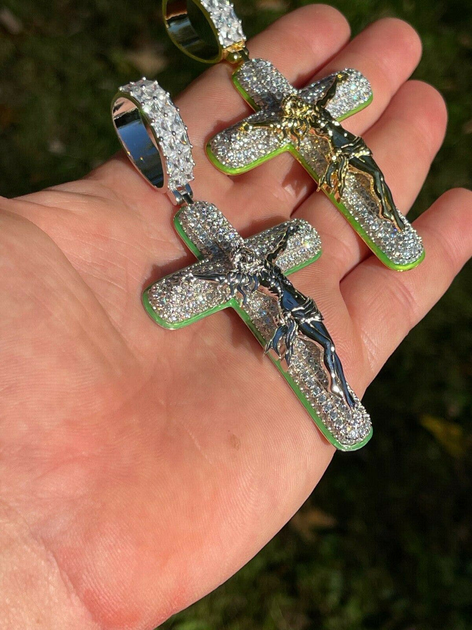 Silver Real 925 Silver Gold HUGE 3.5 Glow In Dark Cross W Jesus Iced Pendant Necklace