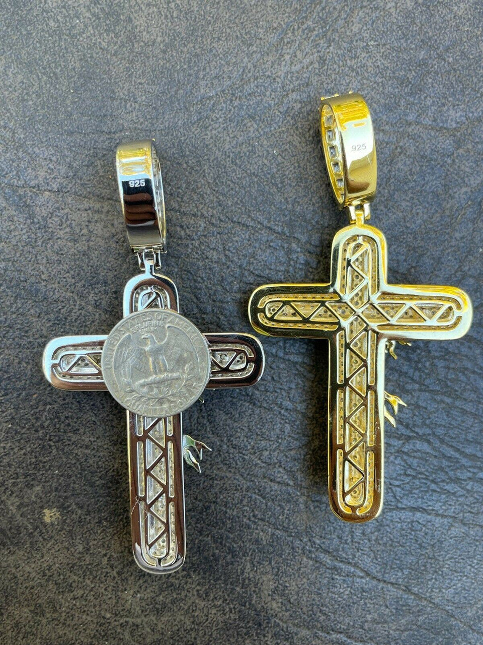 Silver Real 925 Silver Gold HUGE 3.5 Glow In Dark Cross W Jesus Iced Pendant Necklace