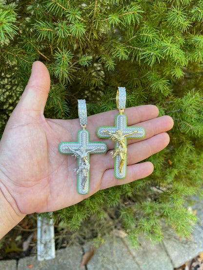 Silver Real 925 Silver Gold HUGE 3.5 Glow In Dark Cross W Jesus Iced Pendant Necklace