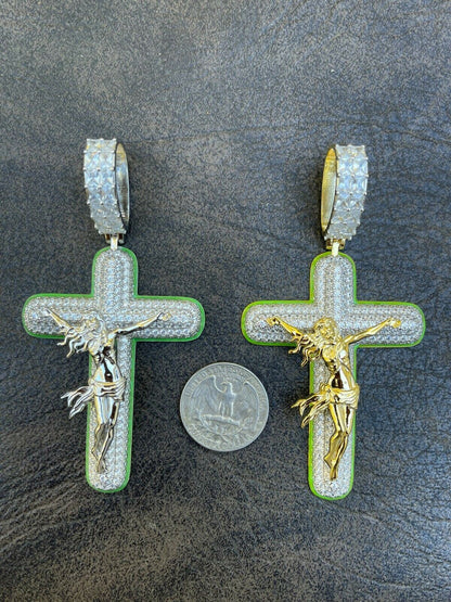 Silver Real 925 Silver Gold HUGE 3.5 Glow In Dark Cross W Jesus Iced Pendant Necklace