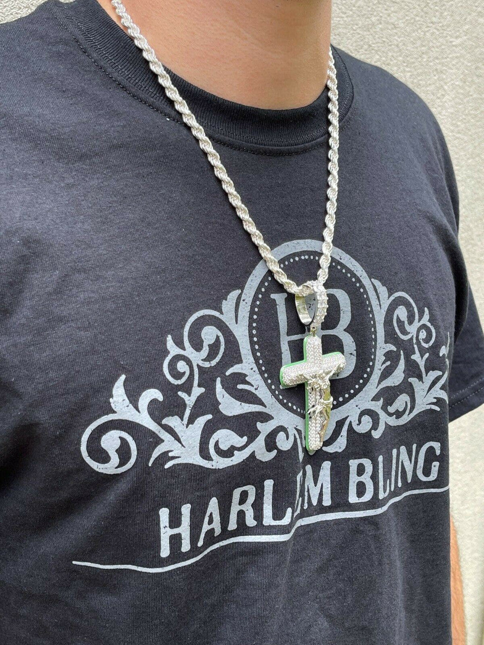 Silver Real 925 Silver Gold HUGE 3.5 Glow In Dark Cross W Jesus Iced Pendant Necklace