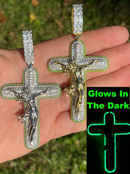 Silver Real 925 Silver Gold HUGE 3.5 Glow In Dark Cross W Jesus Iced Pendant Necklace