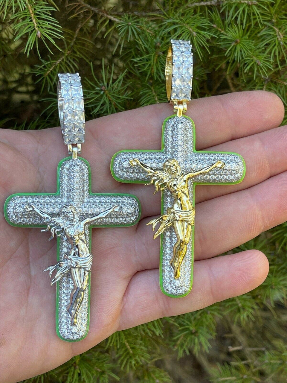 Silver Real 925 Silver Gold HUGE 3.5 Glow In Dark Cross W Jesus Iced Pendant Necklace