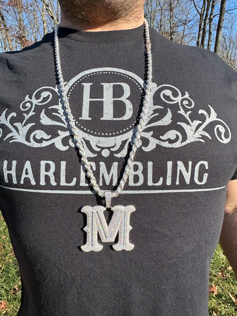 Silver Real Moissanite Gothic Large 2" Initial Letter 925 Silver Pendant Iced Necklace