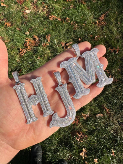 Silver Real Moissanite Gothic Large 2" Initial Letter 925 Silver Pendant Iced Necklace