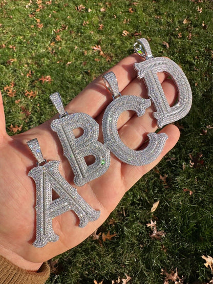 Silver Real Moissanite Gothic Large 2" Initial Letter 925 Silver Pendant Iced Necklace