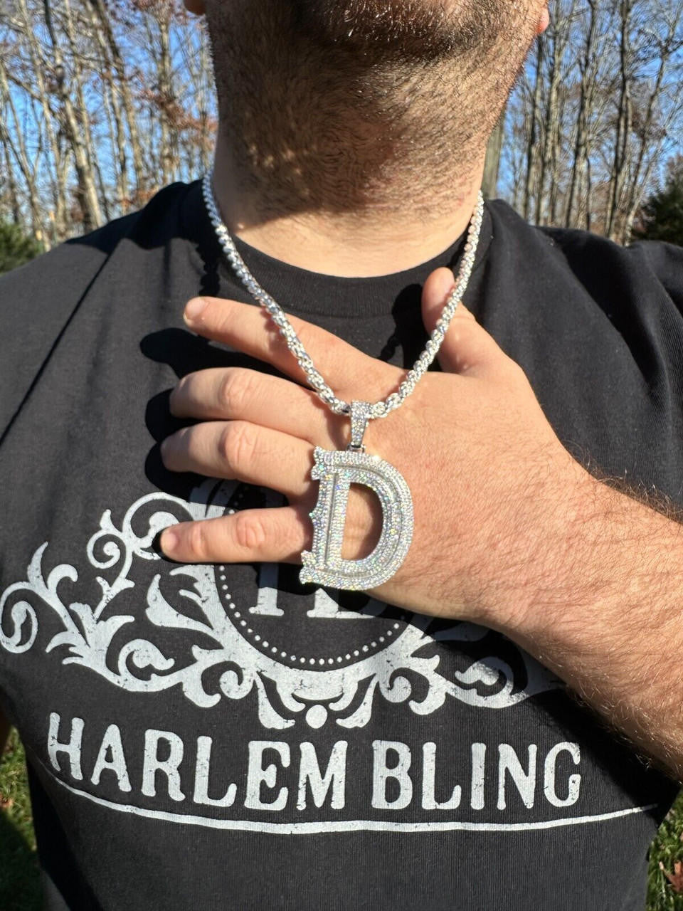 Silver Real Moissanite Gothic Large 2" Initial Letter 925 Silver Pendant Iced Necklace