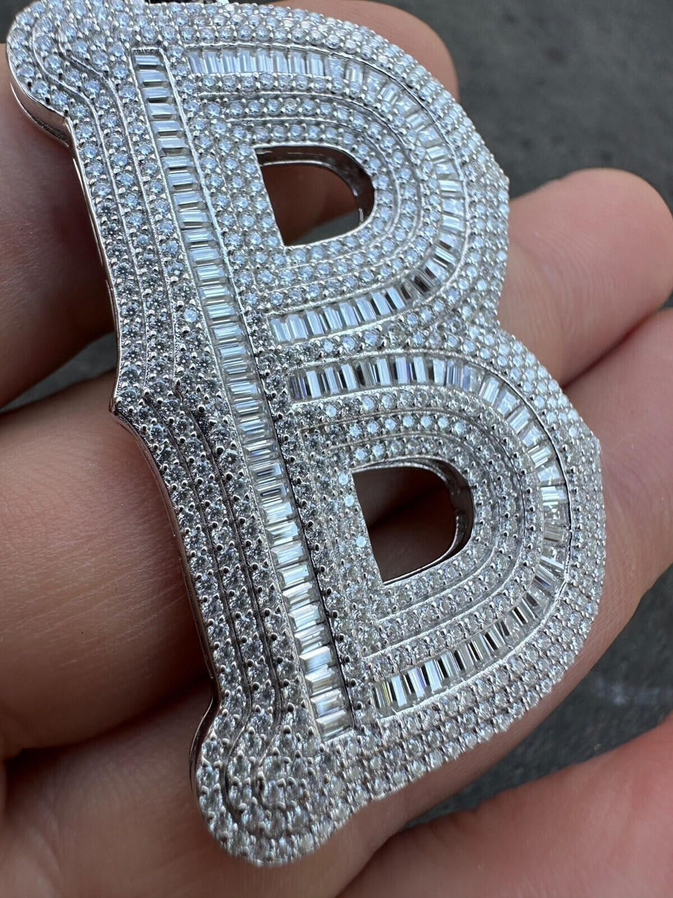 Silver Real Moissanite Gothic Large 2" Initial Letter 925 Silver Pendant Iced Necklace