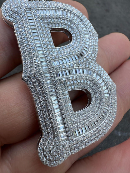 Silver Real Moissanite Gothic Large 2" Initial Letter 925 Silver Pendant Iced Necklace