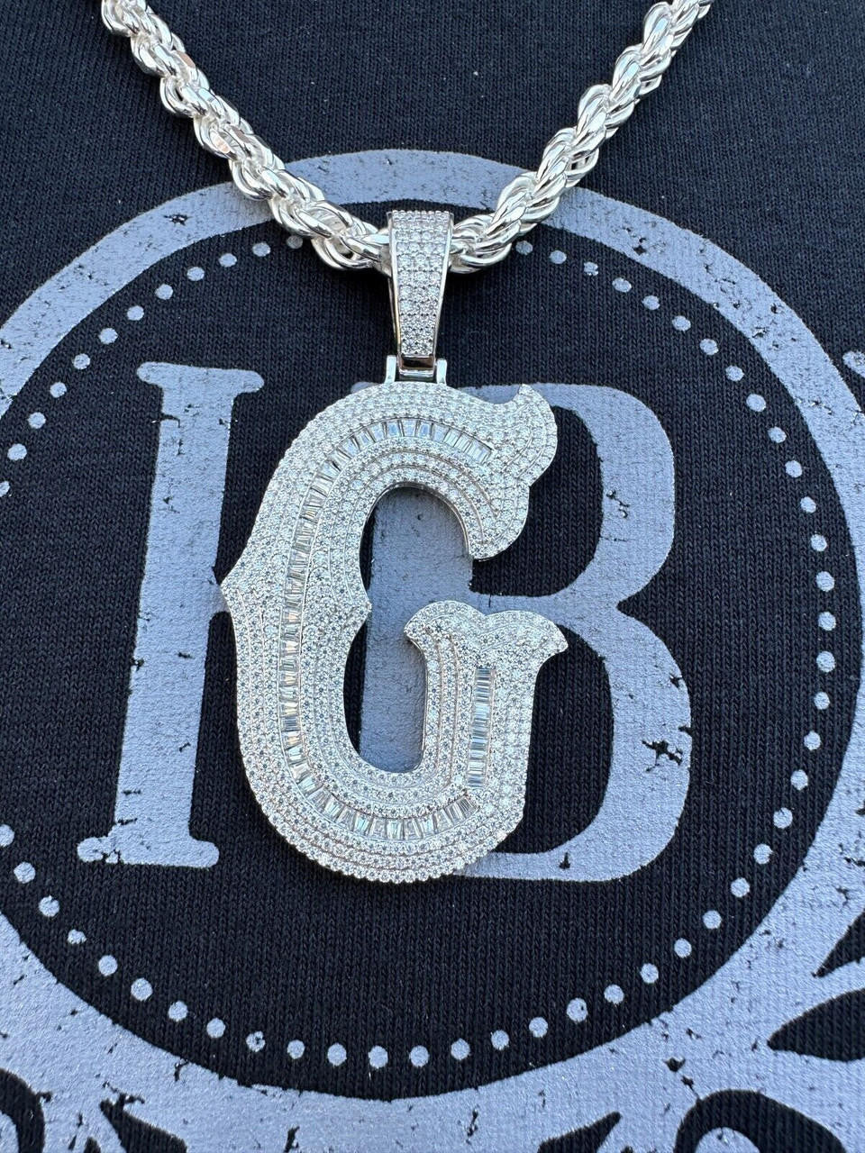 Silver Real Moissanite Gothic Large 2" Initial Letter 925 Silver Pendant Iced Necklace