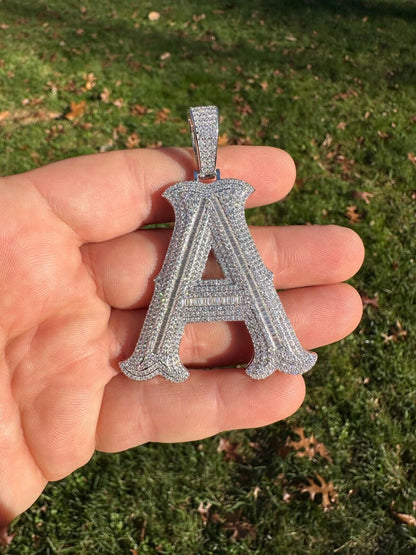 Silver Real Moissanite Gothic Large 2" Initial Letter 925 Silver Pendant Iced Necklace