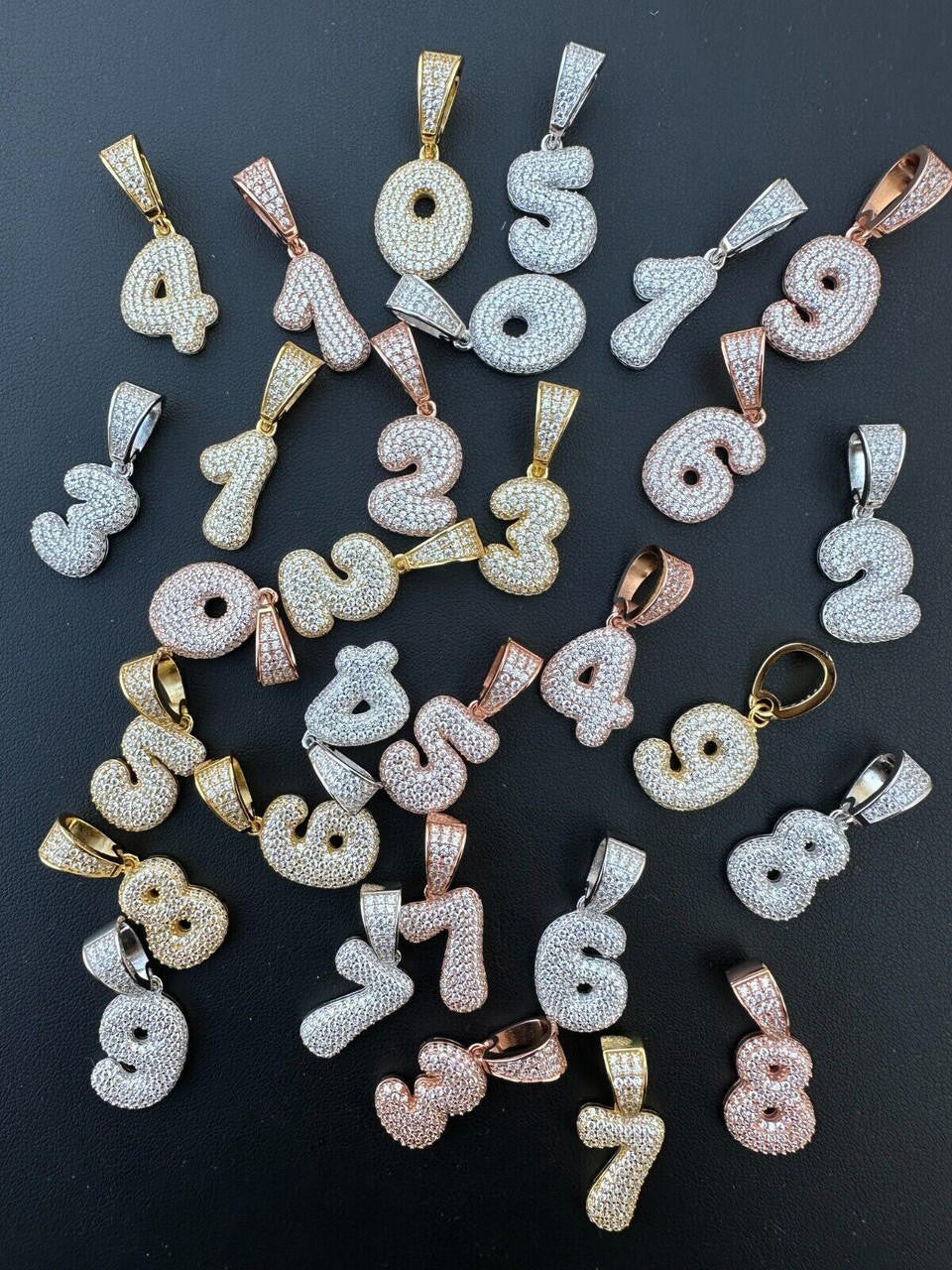 Silver Solid 925 Silver / Gold Bubble Lucky Number Pendant Iced Simulated Diamonds 0-9