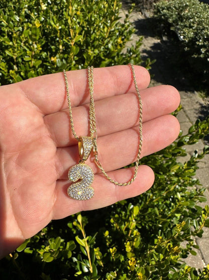 Silver Solid 925 Silver / Gold Bubble Lucky Number Pendant Iced Simulated Diamonds 0-9