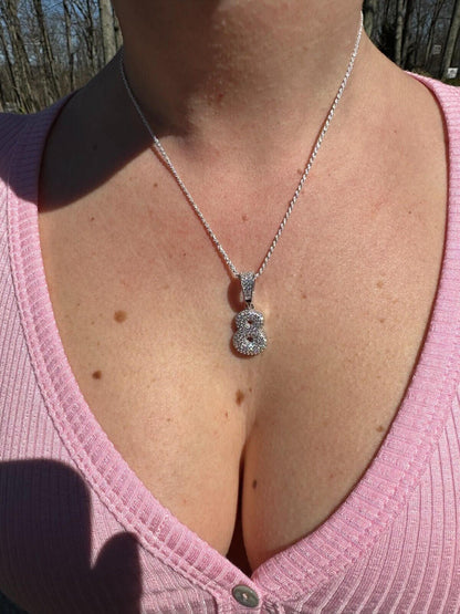 Silver Solid 925 Silver / Gold Bubble Lucky Number Pendant Iced Simulated Diamonds 0-9