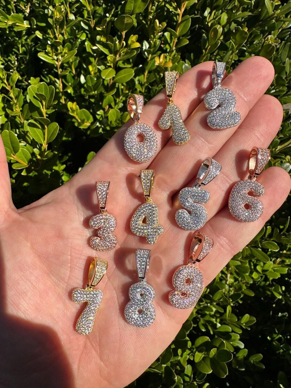 Silver Solid 925 Silver / Gold Bubble Lucky Number Pendant Iced Simulated Diamonds 0-9