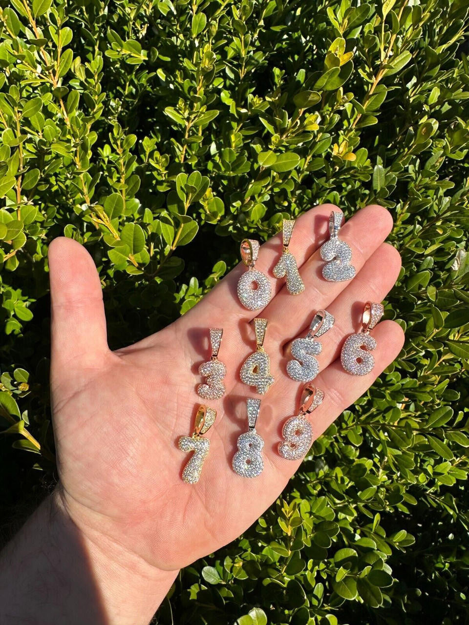 Silver Solid 925 Silver / Gold Bubble Lucky Number Pendant Iced Simulated Diamonds 0-9