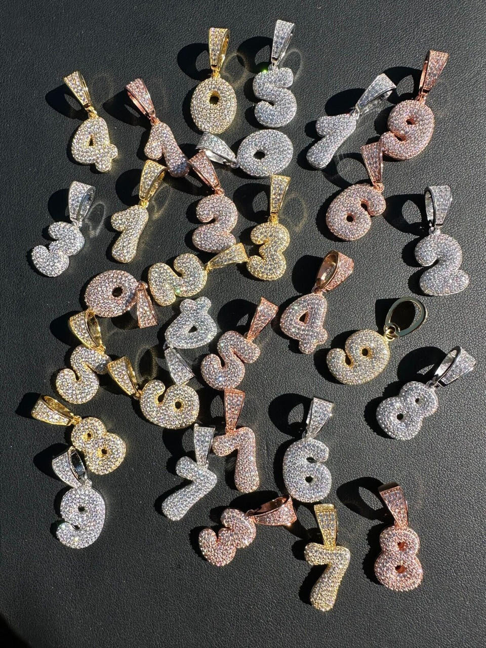 Silver Solid 925 Silver / Gold Bubble Lucky Number Pendant Iced Simulated Diamonds 0-9